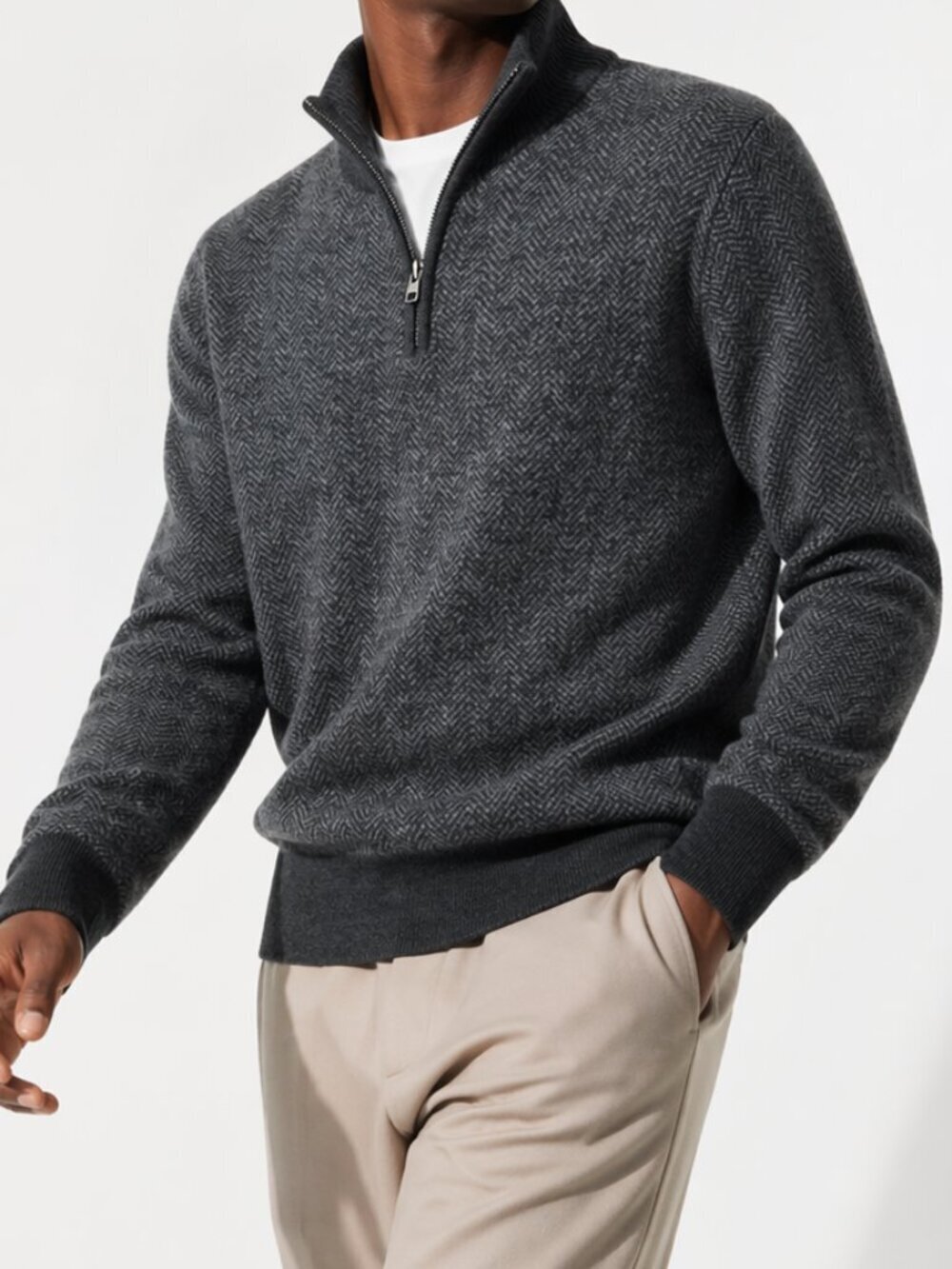 BONOBOS Wool Herringbone 1/4 Zip Sweater Gray Small